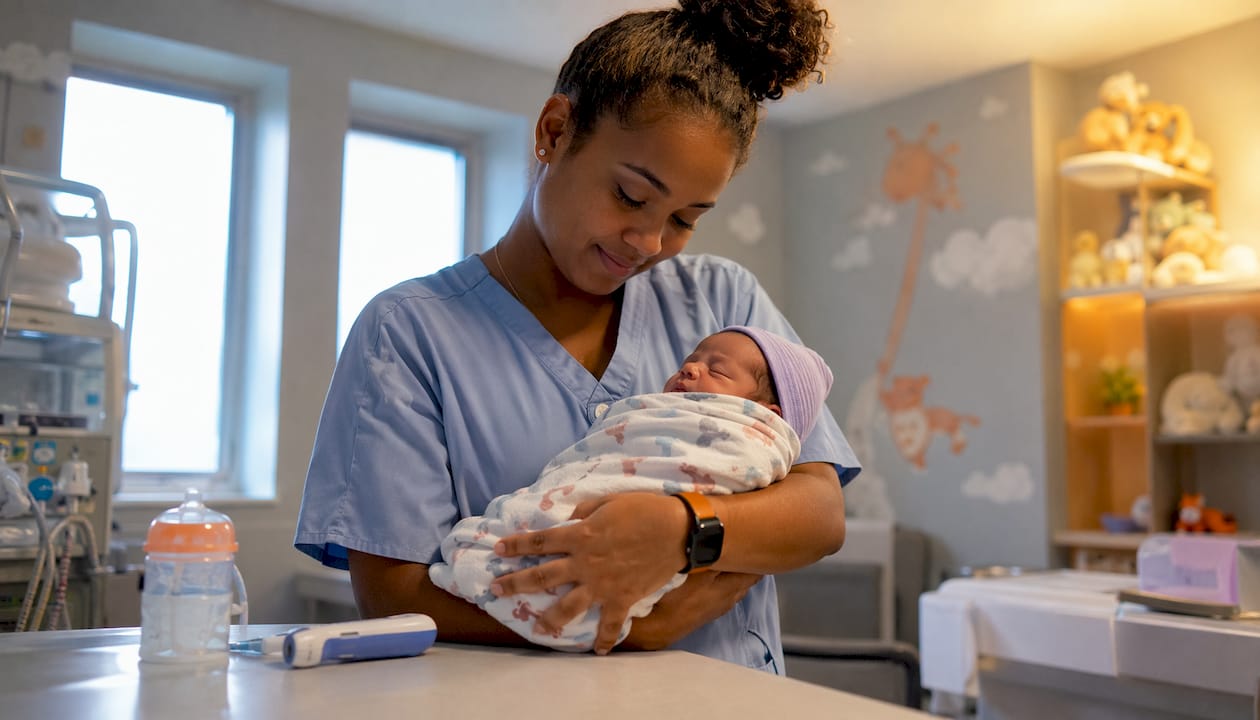 Neonatal nurse holding newborn baby