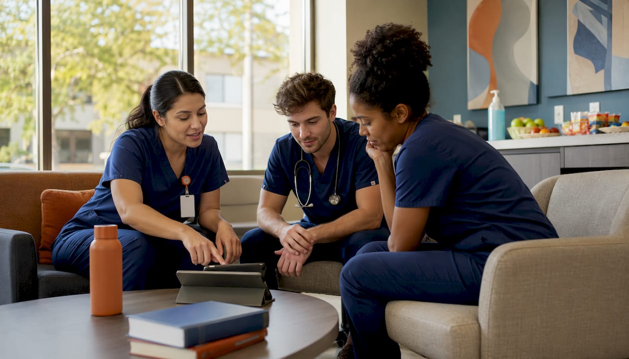 Group of newborn nurses discussing patient care