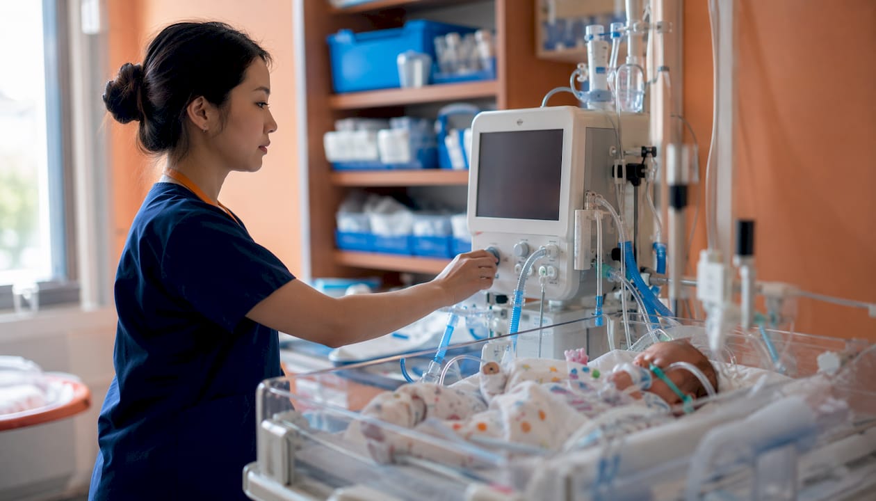 NICU nurse adjusting equipment for premature baby