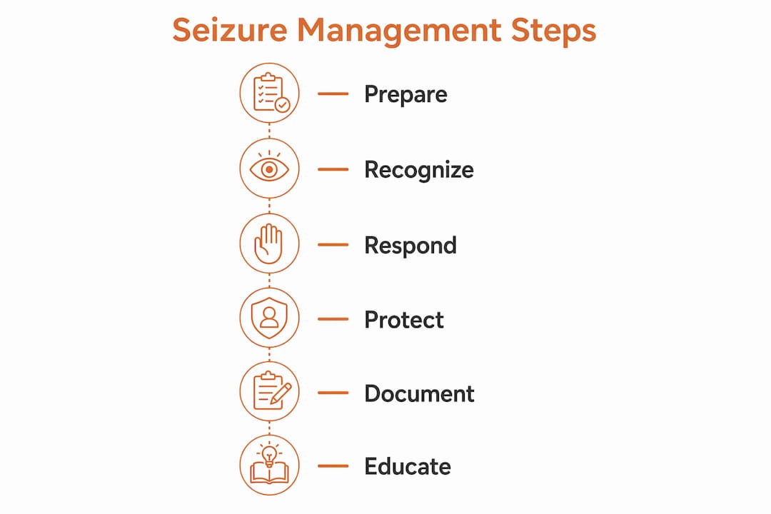 Infographic illustrating key seizure management steps at home