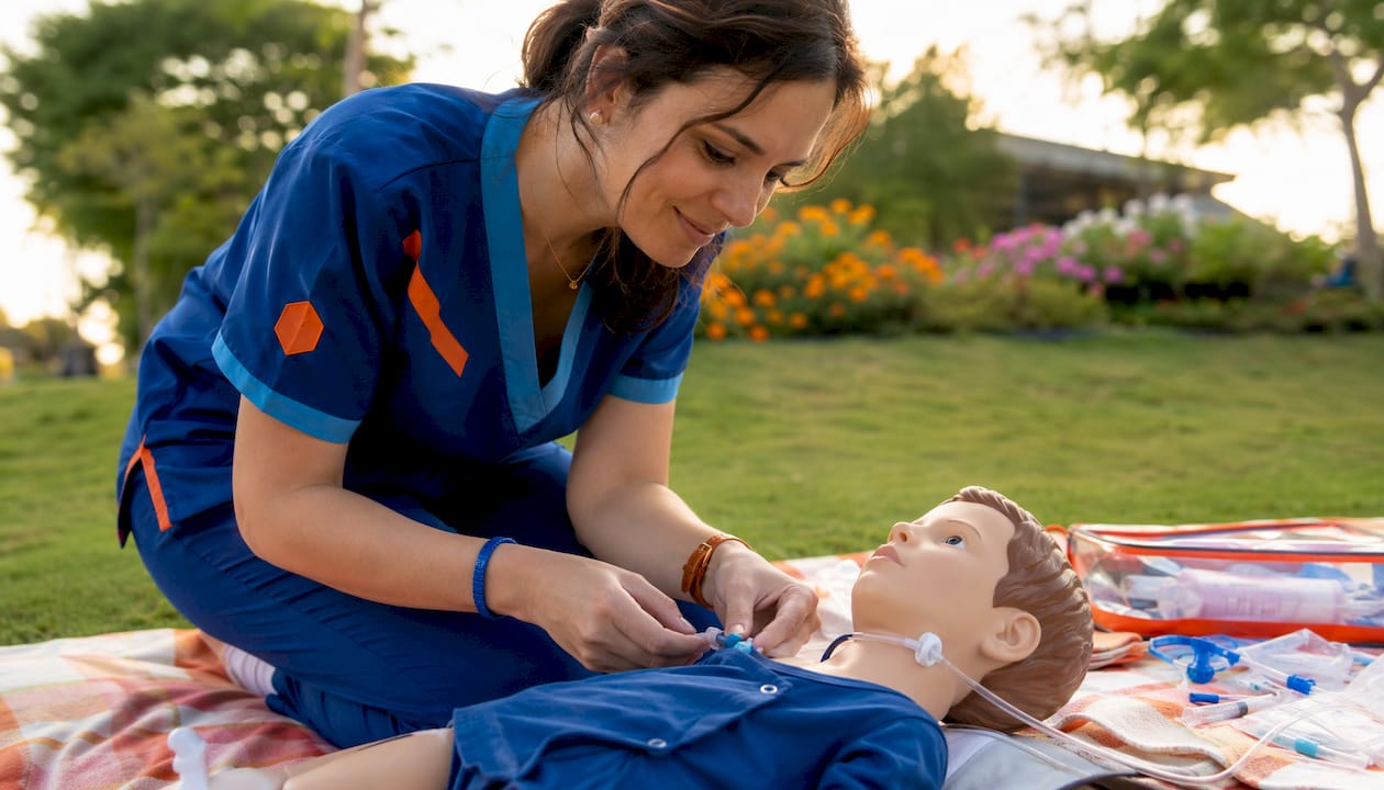 Pediatric nurse demonstrating feeding tube care