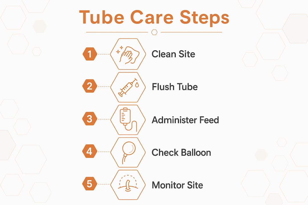 Infographic illustrating feeding tube care steps in children
