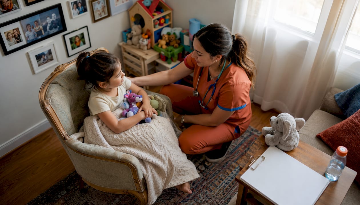 Home care nurse comforting child in family living room