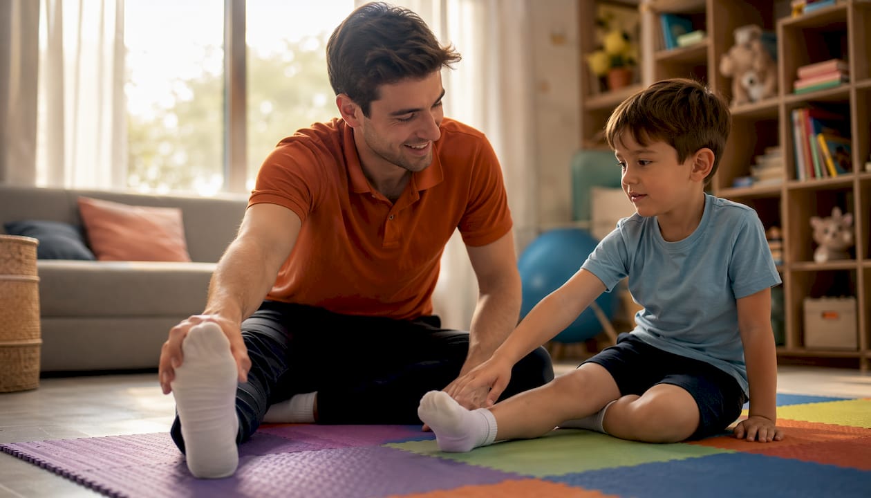 Pediatric therapist guiding child in physical therapy at home