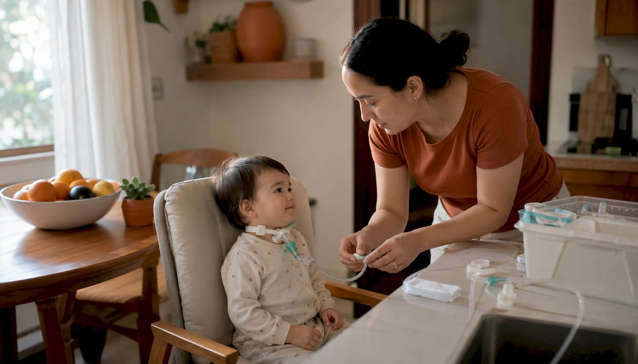 Mother providing tracheostomy care to toddler at home