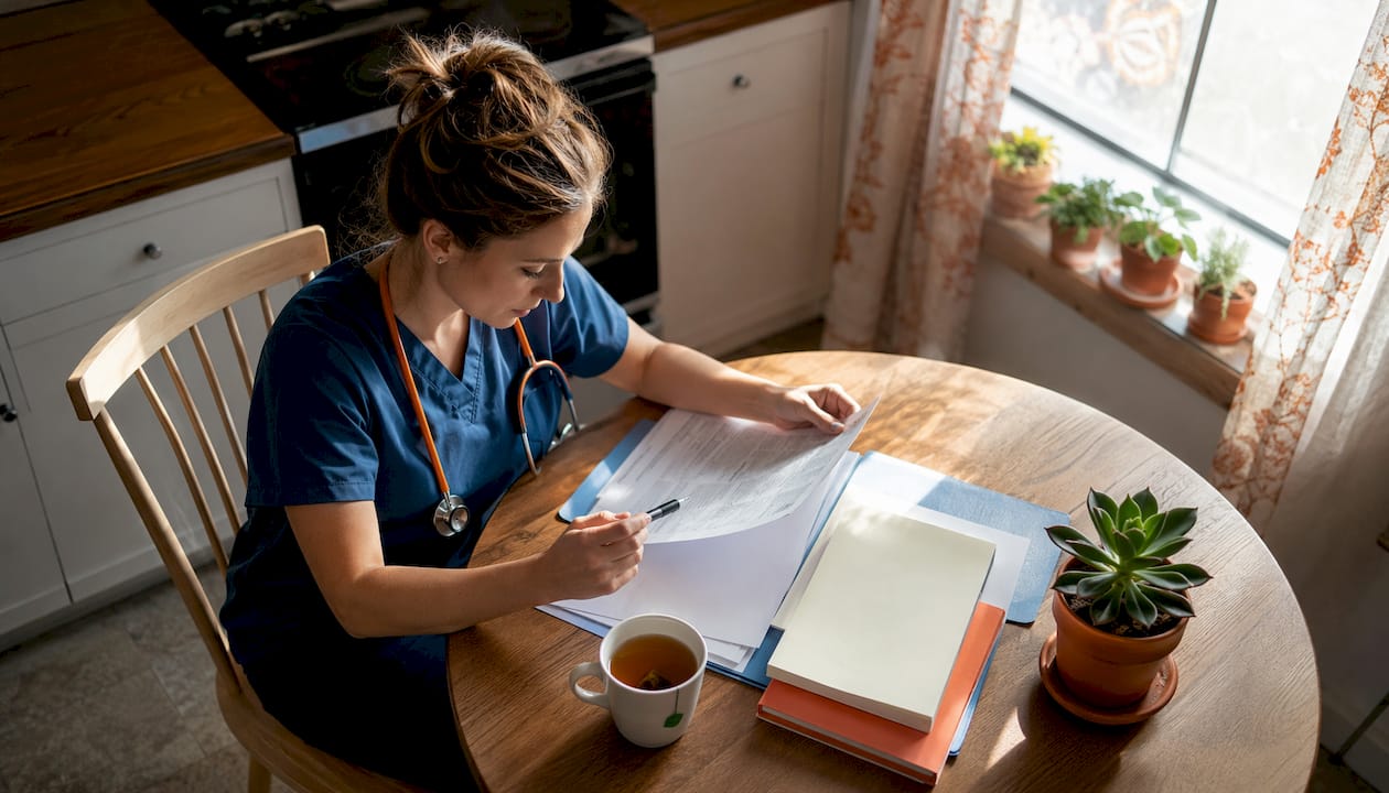 Pediatric home health nurse reviewing resume at home office