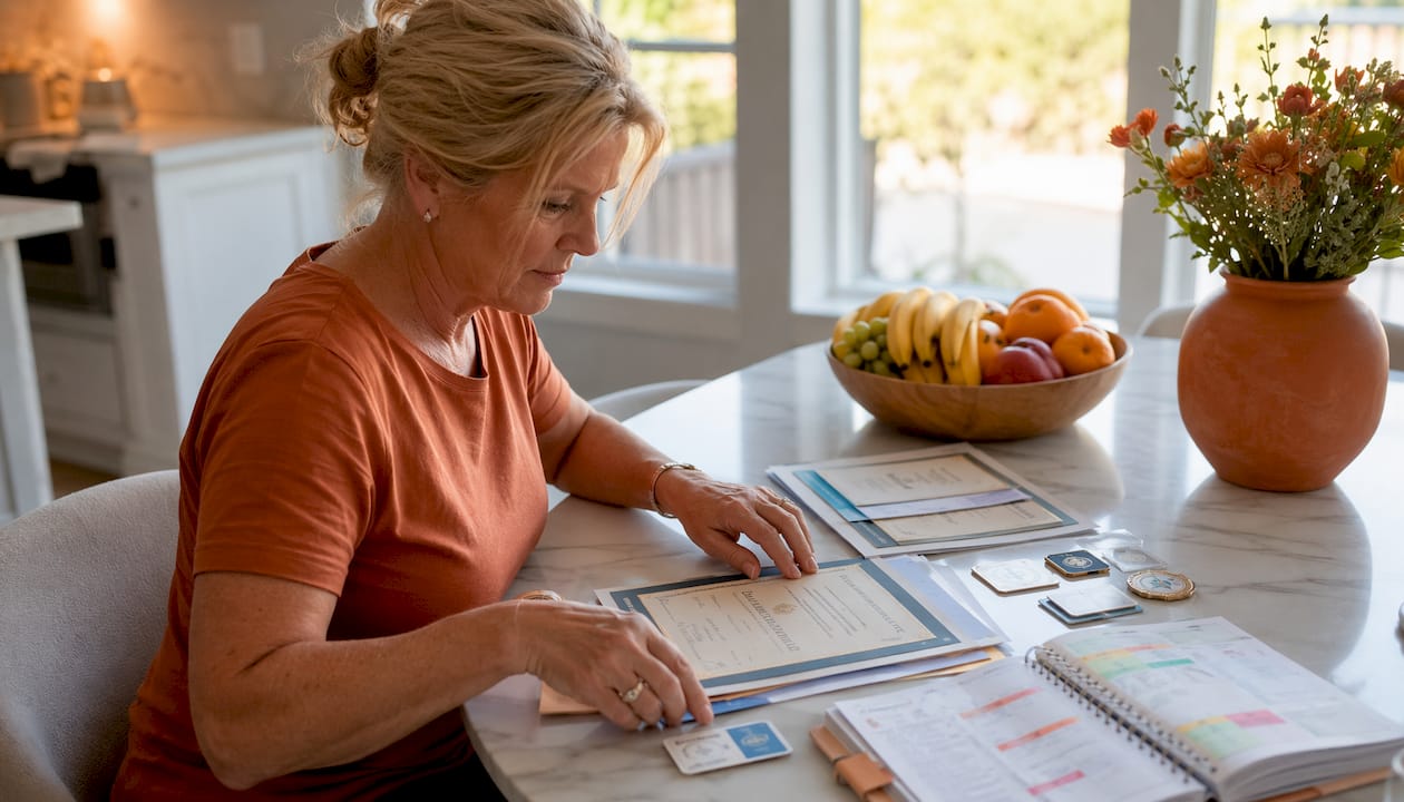 Experienced nurse arranging certification documents