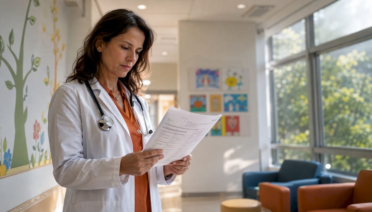 Pediatrician reviewing medical report