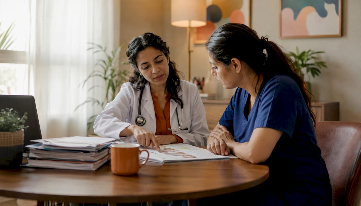 Clinician and nurse reviewing diagnostic charts