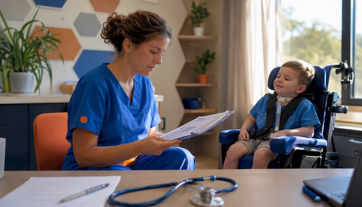 Pediatric nurse reviewing medical chart with child at home