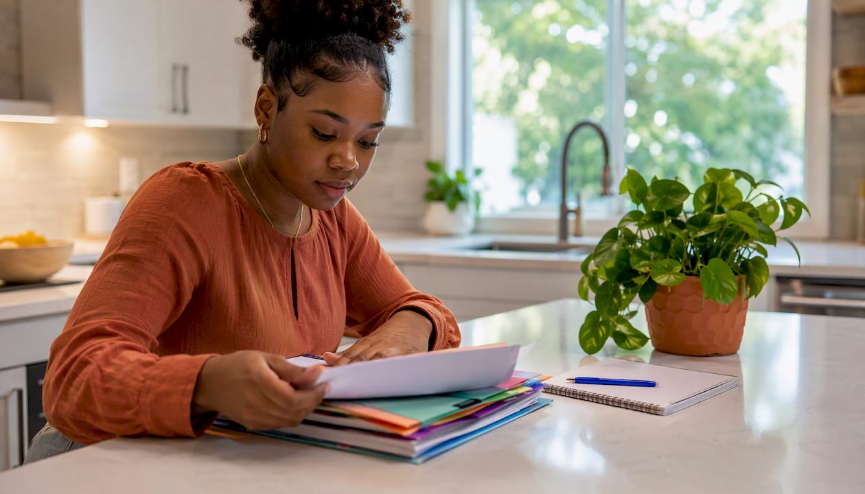 Hands sorting Medicaid eligibility and physician documents