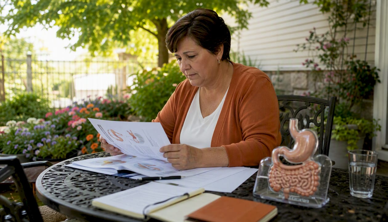 Caregiver studying feeding tube information at home