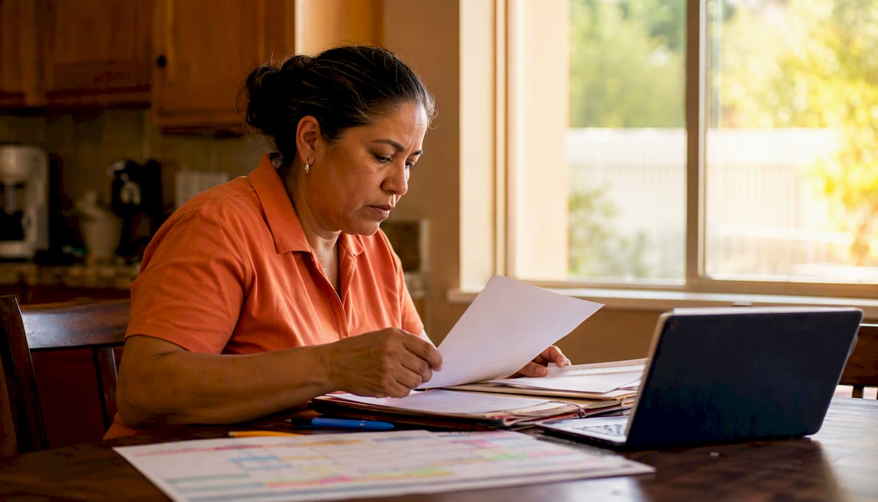 Woman organizing GAPP nursing documents at desk