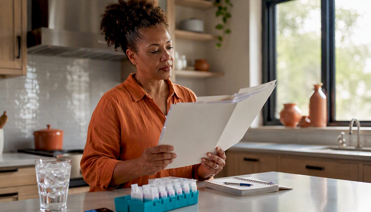 Woman reviewing hospital discharge documents at home
