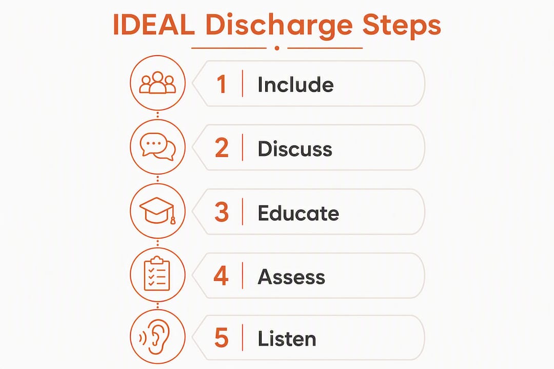Infographic outlining IDEAL discharge framework steps