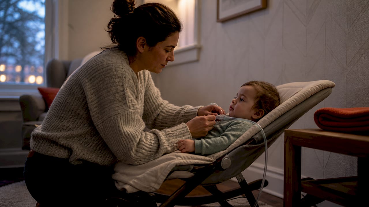 Parent adjusting child's home healthcare device tubing