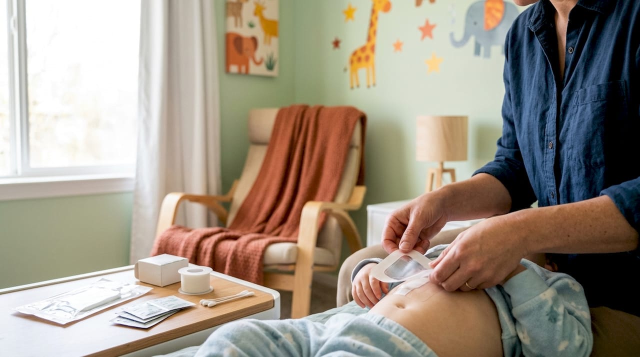 Parent performing pediatric central line dressing change