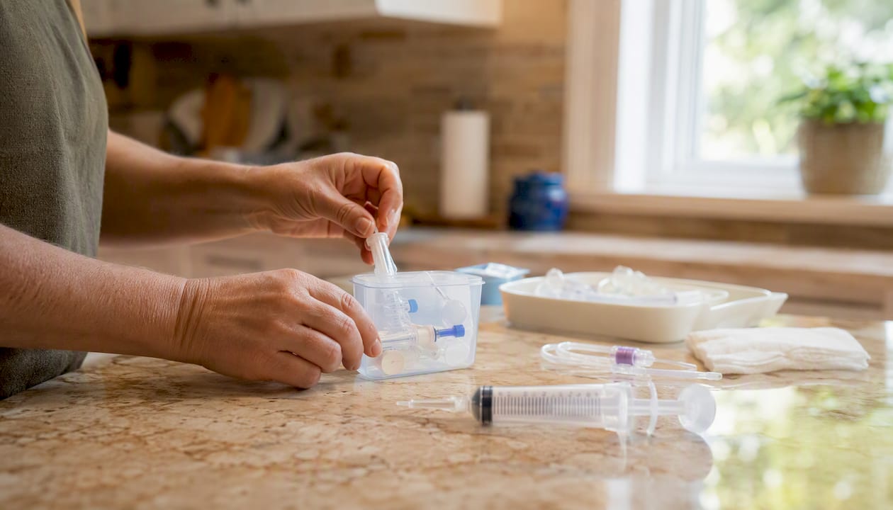 Caregiver hands assembling g-tube unclog kit