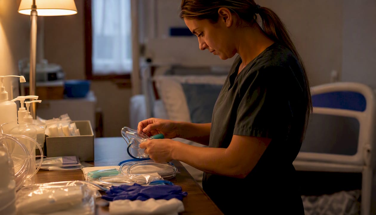 Caregiver preparing pediatric medical supplies at night