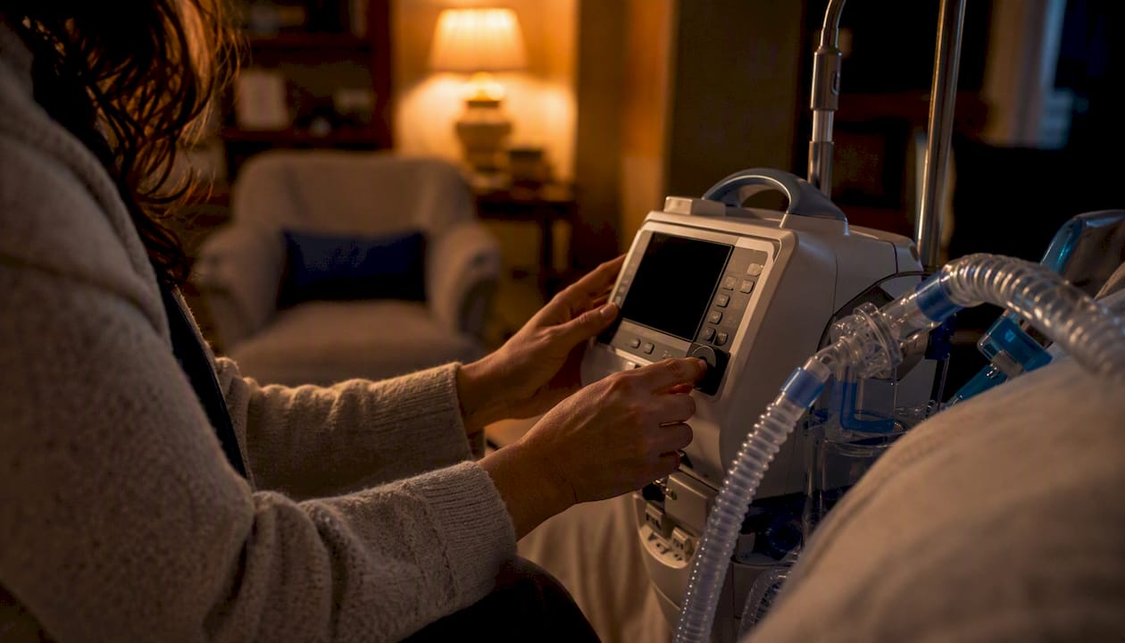 Hands adjusting pediatric ventilator alarm at night