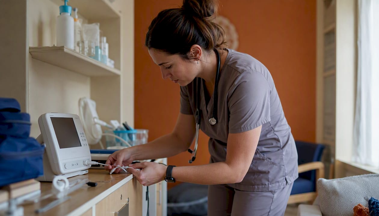 Pediatric nurse adjusting medical equipment at home