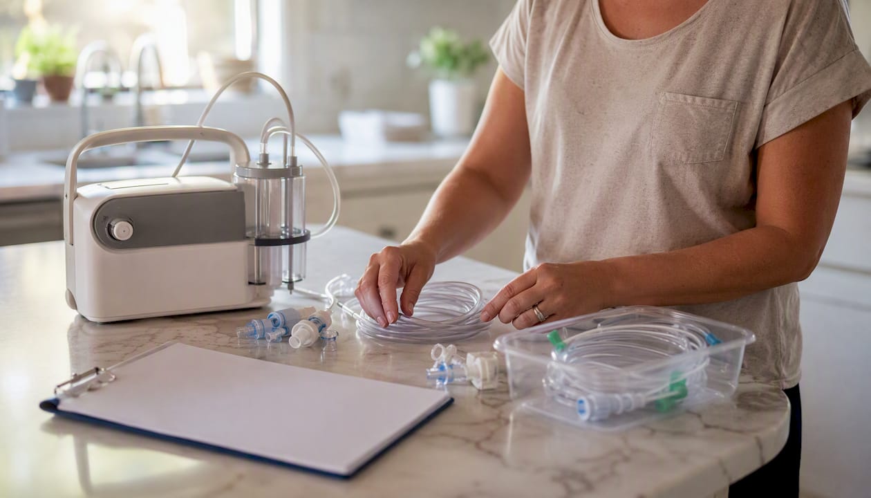 Hands organizing home medical equipment supplies