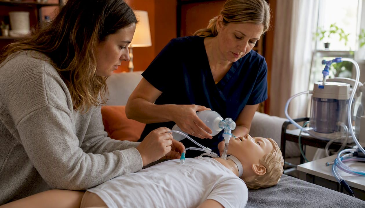 Parent and nurse practicing tracheostomy emergency drill