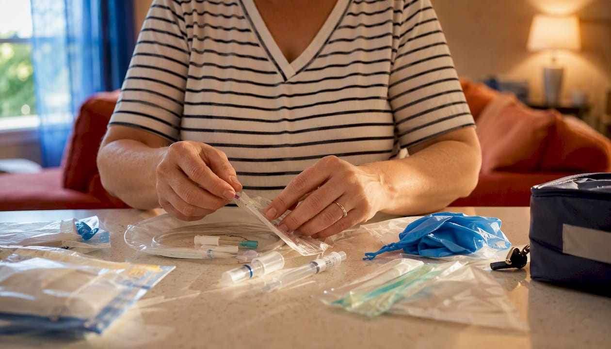Parent preparing pediatric medical supplies