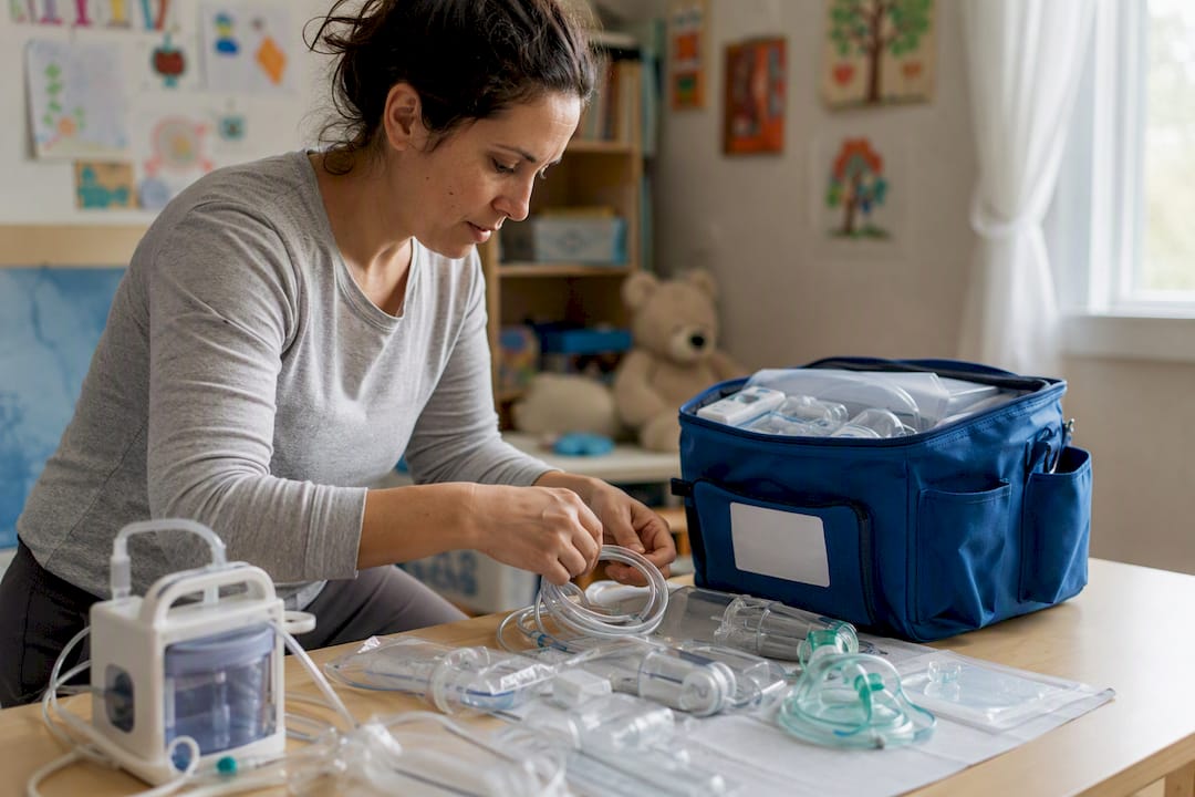 Hands assembling pediatric home nursing supplies