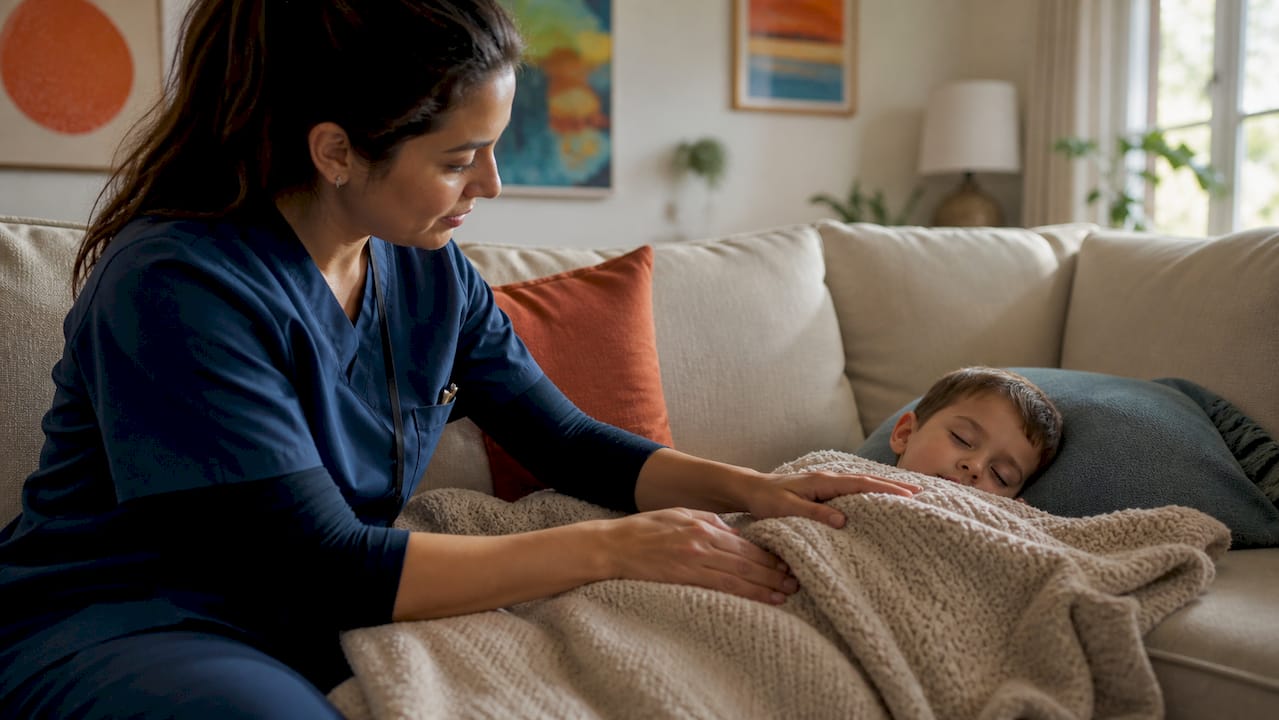 Pediatric nurse adjusting child's blanket at home