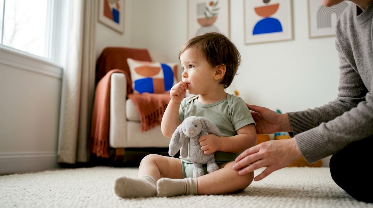 Toddler self-soothing with caregiver support nearby
