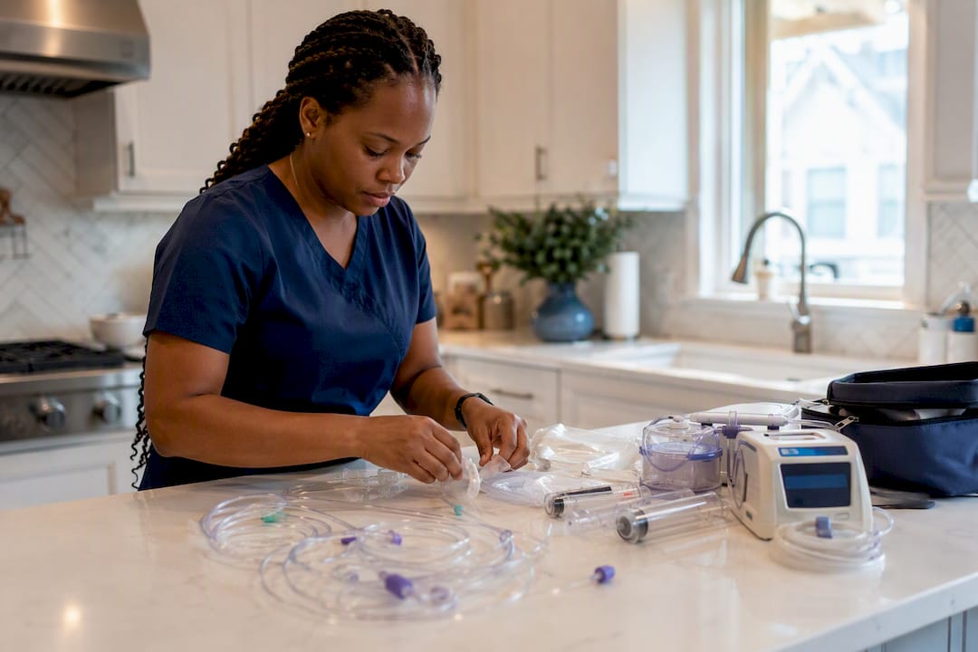 Nurse arranging pediatric home care supplies