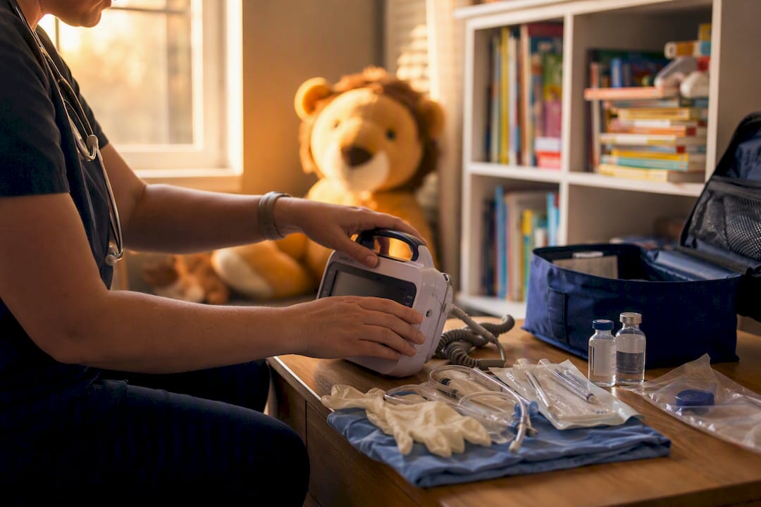 Nurse adjusting medical monitor and backup supplies