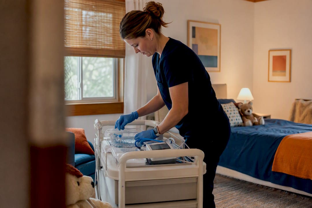 Home care nurse arranging supplies in pediatric room