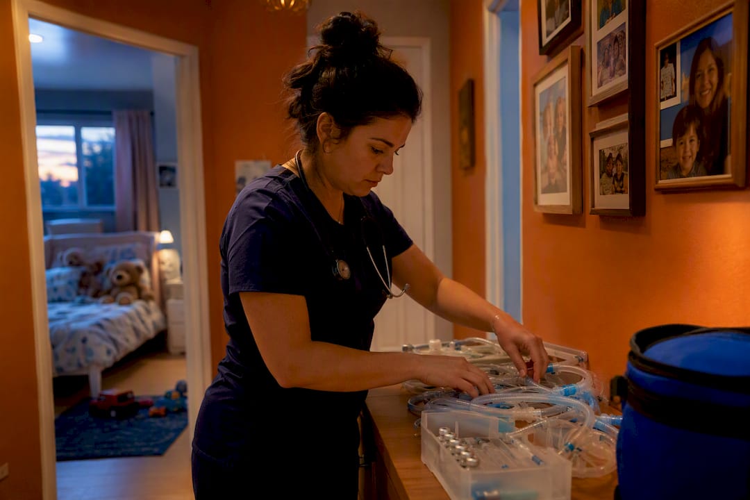 Nurse arranging pediatric night nursing supplies