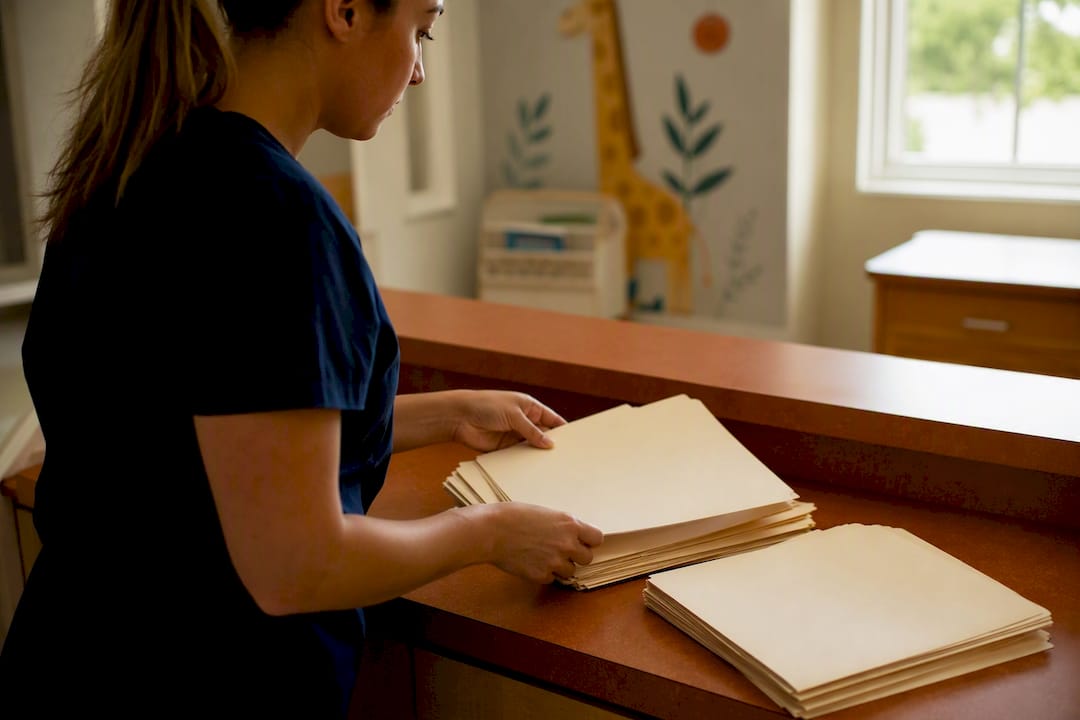 Nurse sorting blank health clearance folders