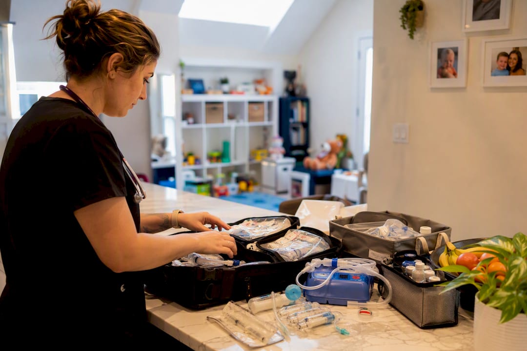 Pediatric nurse backup medical kit on counter