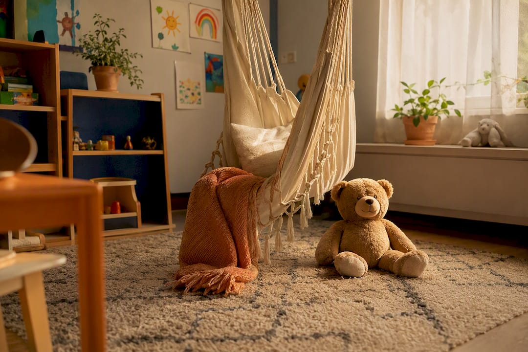 Child's play space showing comforting routine items
