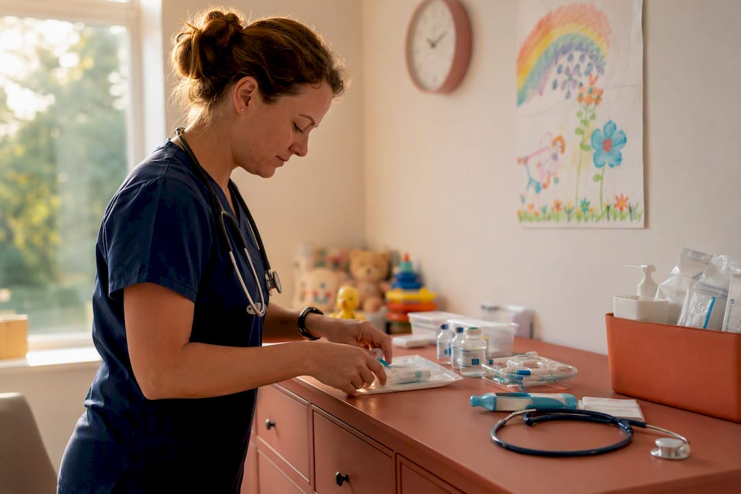 Pediatric nurse arranging medical supplies at home