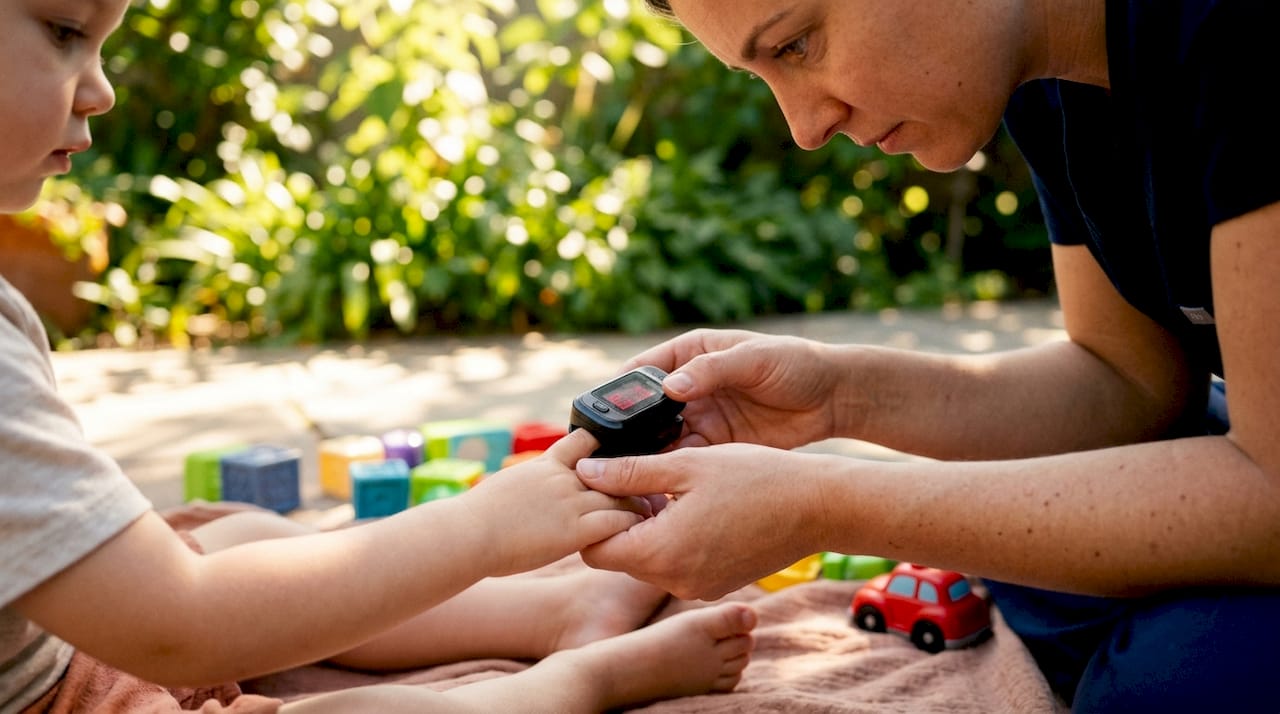 Nurse measuring child's oxygen saturation at home