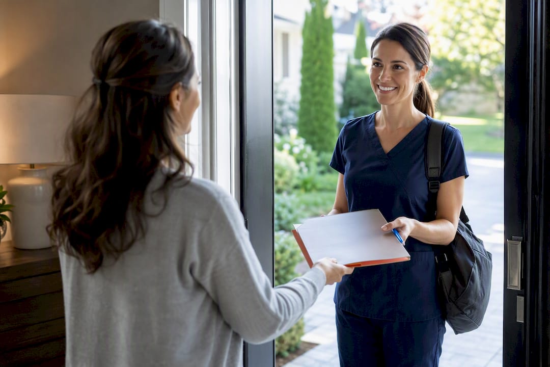 Parent giving care brief to home nurse