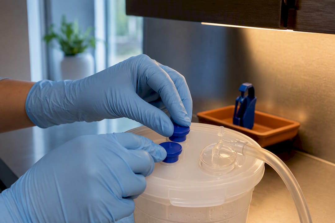 Gloved hands sealing suction canister ports