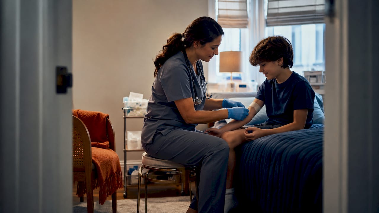 Familiar pediatric nurse providing calm home care