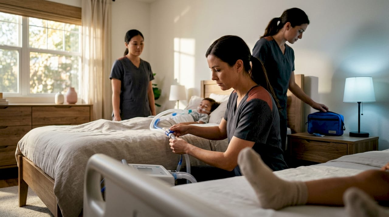 Three caregivers practicing ventilator emergency care