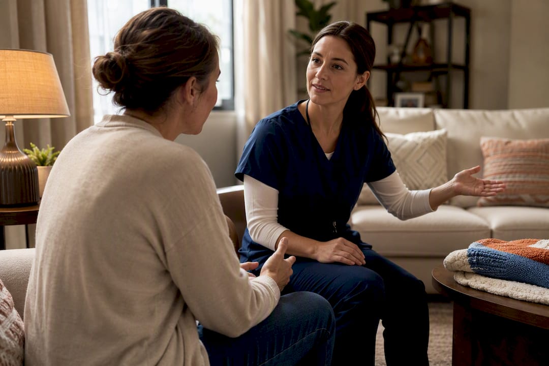 Parent explaining child care cues to nurse