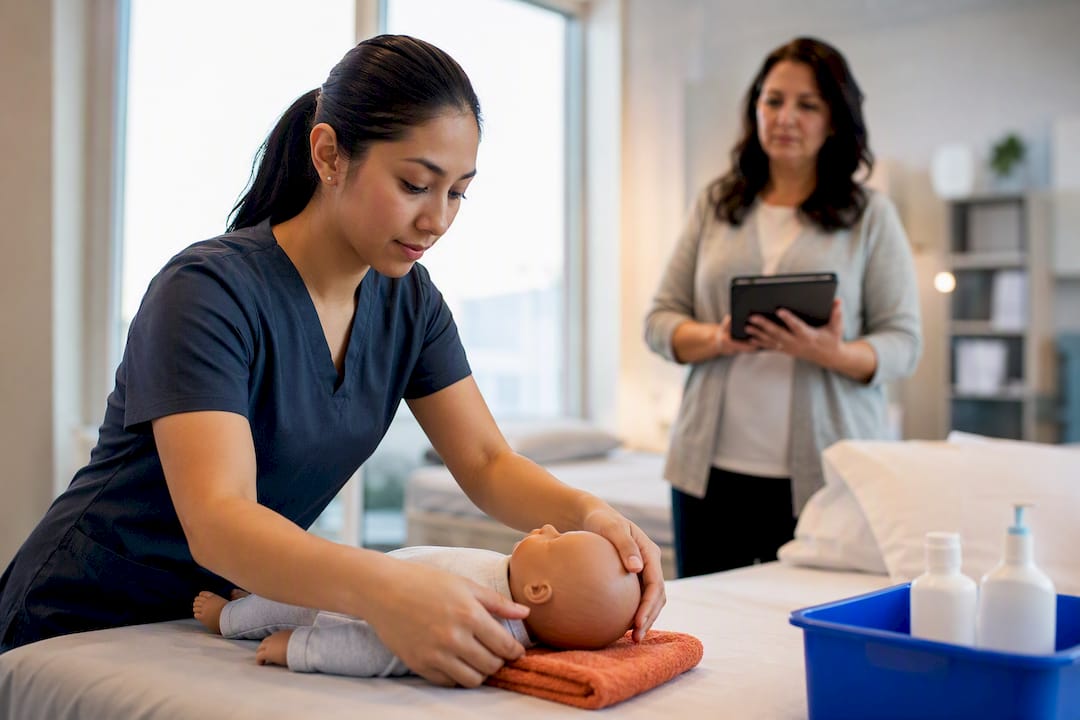 Caregiver practicing pediatric care skills