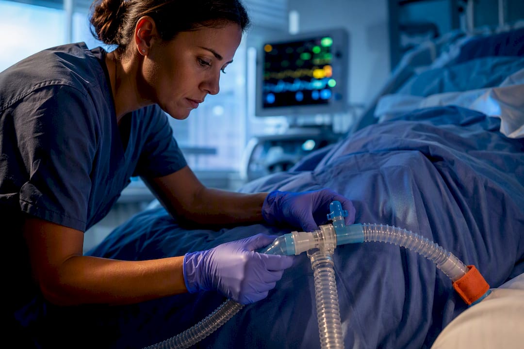 Respiratory therapist checking pediatric ventilator circuit