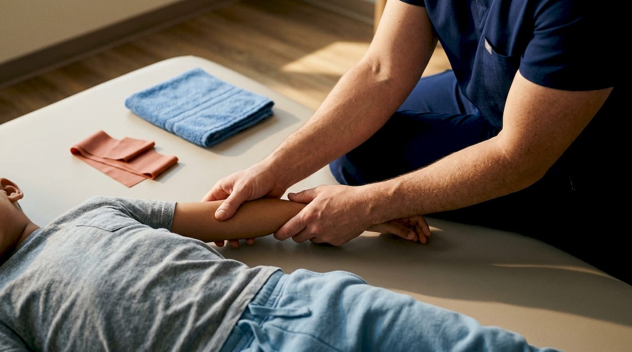 Therapist guiding child passive range of motion