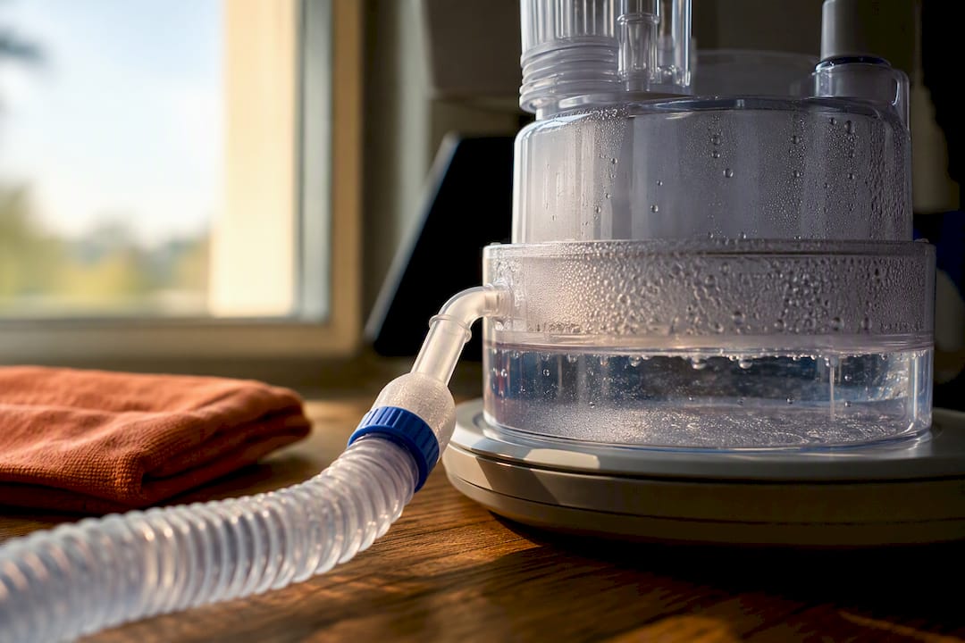 Ventilator tubing and humidification reservoir close-up