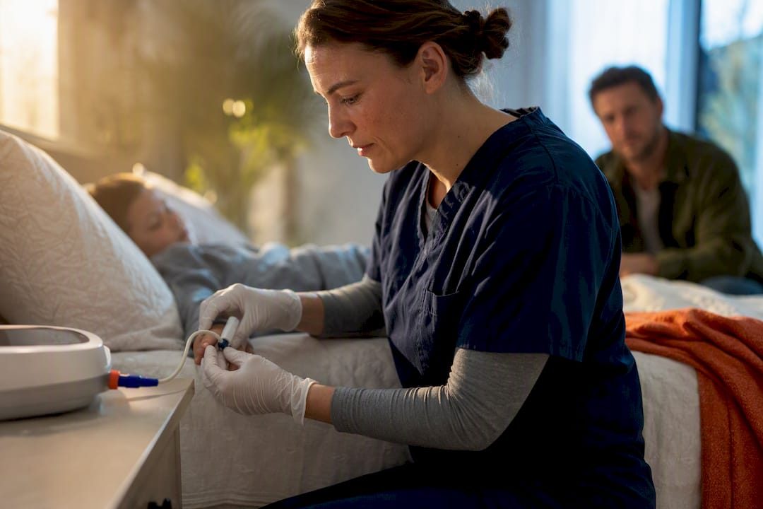 Pediatric nurse checking respiratory equipment at home